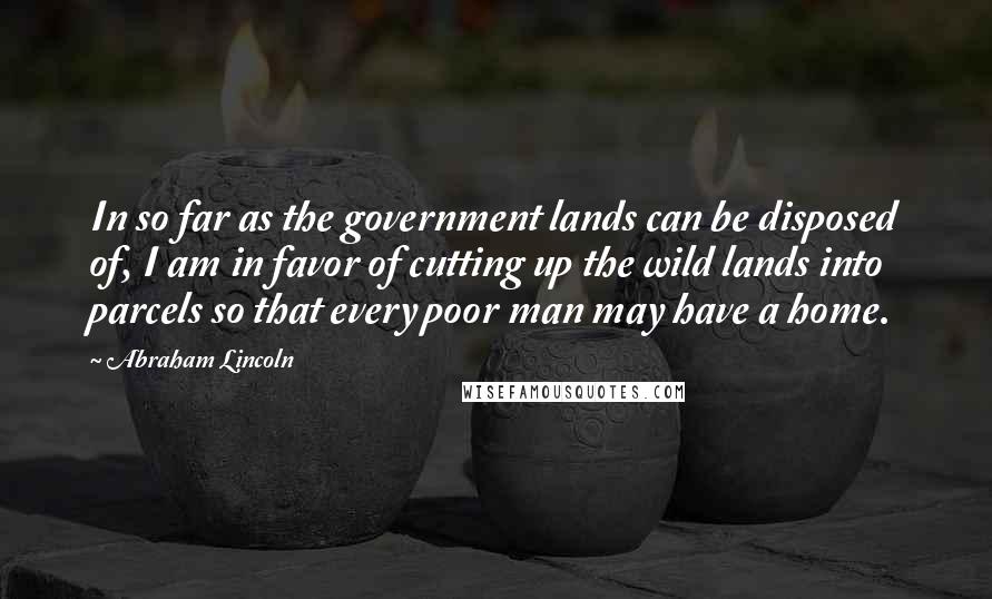 Abraham Lincoln Quotes: In so far as the government lands can be disposed of, I am in favor of cutting up the wild lands into parcels so that every poor man may have a home.