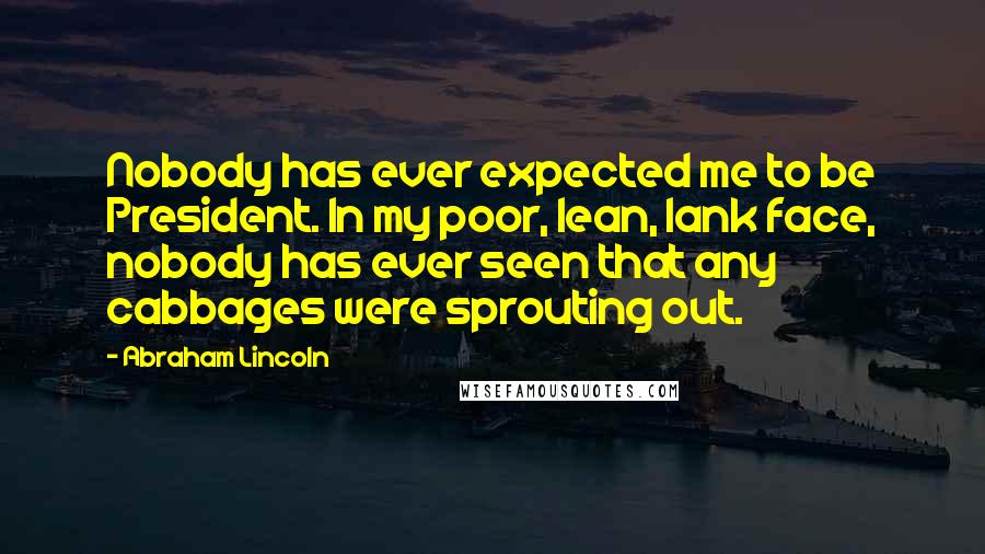 Abraham Lincoln Quotes: Nobody has ever expected me to be President. In my poor, lean, lank face, nobody has ever seen that any cabbages were sprouting out.