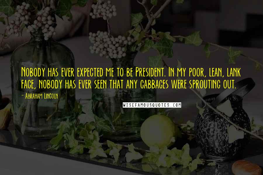 Abraham Lincoln Quotes: Nobody has ever expected me to be President. In my poor, lean, lank face, nobody has ever seen that any cabbages were sprouting out.