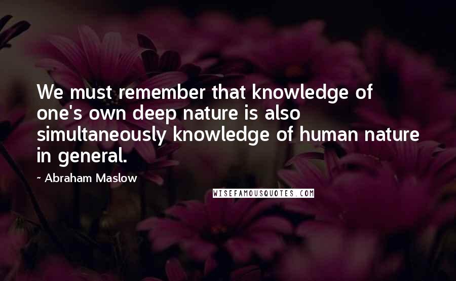 Abraham Maslow Quotes: We must remember that knowledge of one's own deep nature is also simultaneously knowledge of human nature in general.