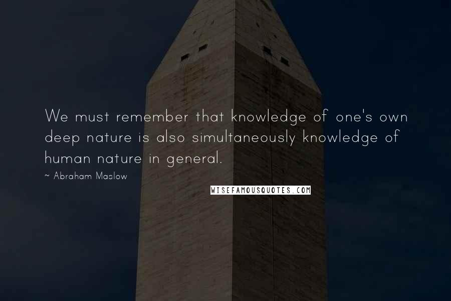 Abraham Maslow Quotes: We must remember that knowledge of one's own deep nature is also simultaneously knowledge of human nature in general.