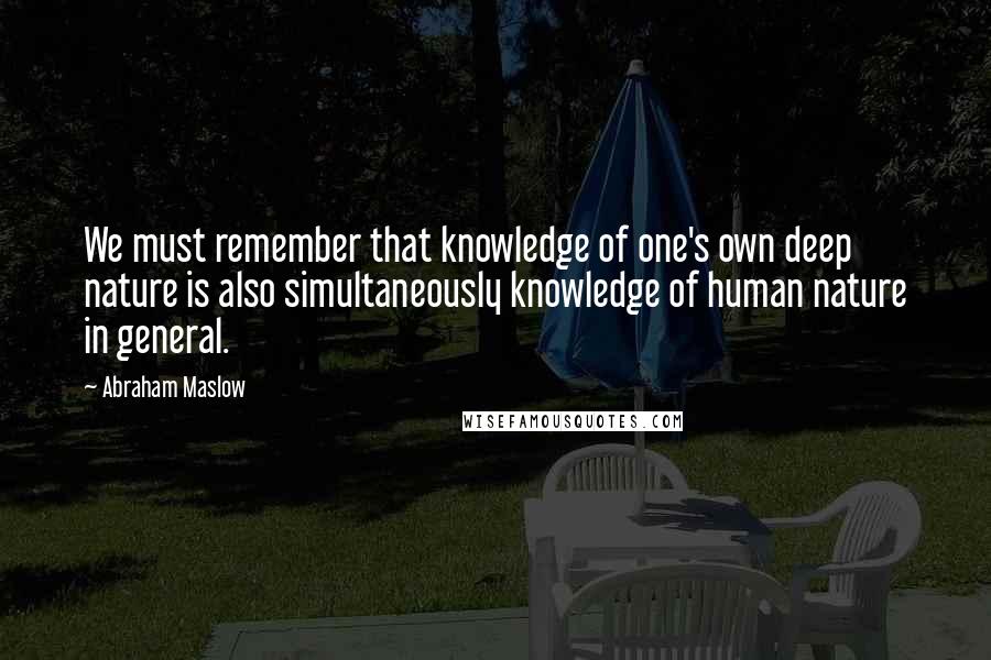 Abraham Maslow Quotes: We must remember that knowledge of one's own deep nature is also simultaneously knowledge of human nature in general.