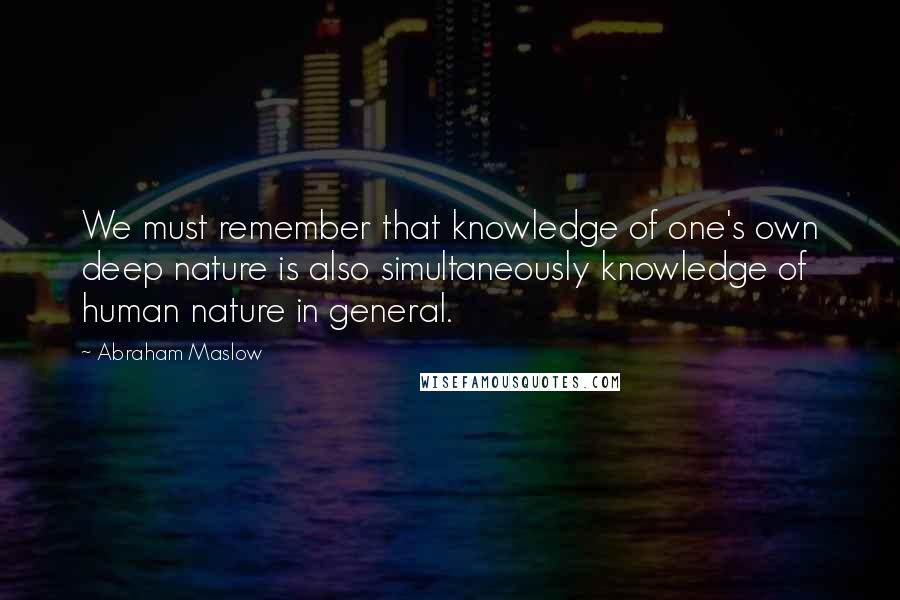 Abraham Maslow Quotes: We must remember that knowledge of one's own deep nature is also simultaneously knowledge of human nature in general.