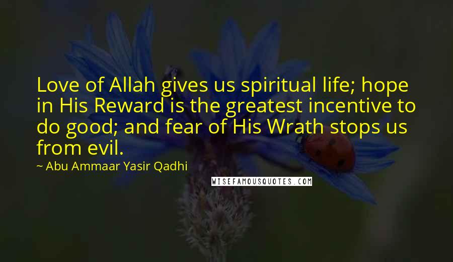 Abu Ammaar Yasir Qadhi Quotes: Love of Allah gives us spiritual life; hope in His Reward is the greatest incentive to do good; and fear of His Wrath stops us from evil.