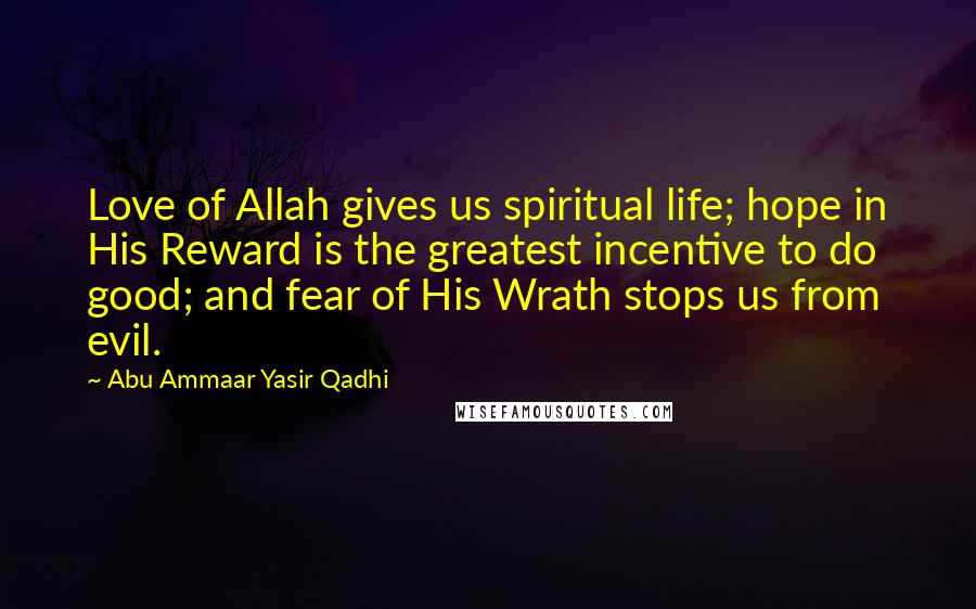 Abu Ammaar Yasir Qadhi Quotes: Love of Allah gives us spiritual life; hope in His Reward is the greatest incentive to do good; and fear of His Wrath stops us from evil.