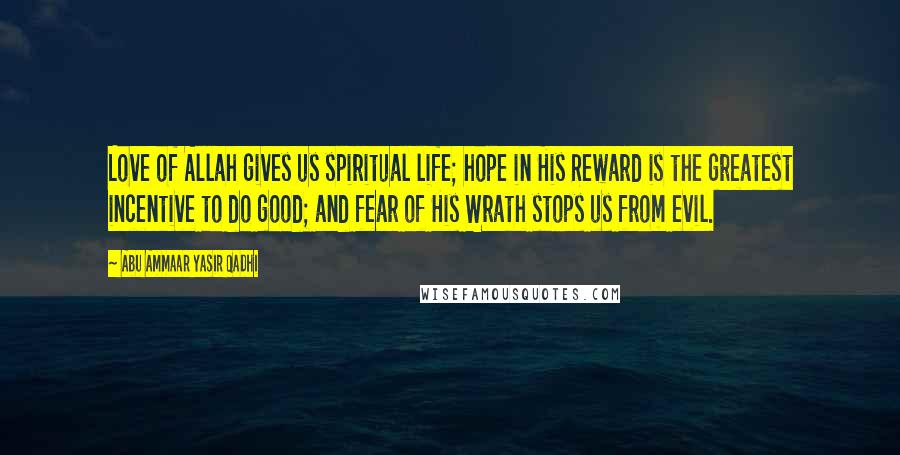 Abu Ammaar Yasir Qadhi Quotes: Love of Allah gives us spiritual life; hope in His Reward is the greatest incentive to do good; and fear of His Wrath stops us from evil.