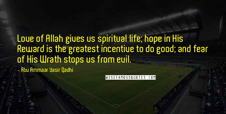 Abu Ammaar Yasir Qadhi Quotes: Love of Allah gives us spiritual life; hope in His Reward is the greatest incentive to do good; and fear of His Wrath stops us from evil.