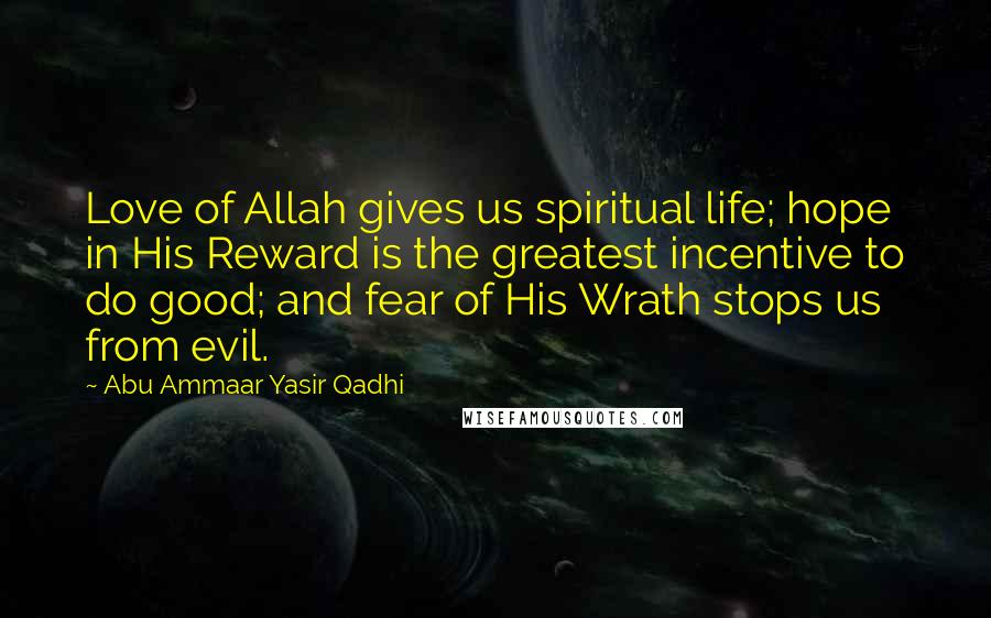 Abu Ammaar Yasir Qadhi Quotes: Love of Allah gives us spiritual life; hope in His Reward is the greatest incentive to do good; and fear of His Wrath stops us from evil.