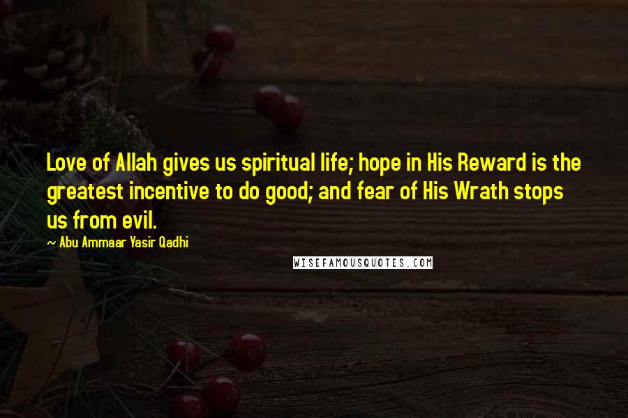 Abu Ammaar Yasir Qadhi Quotes: Love of Allah gives us spiritual life; hope in His Reward is the greatest incentive to do good; and fear of His Wrath stops us from evil.