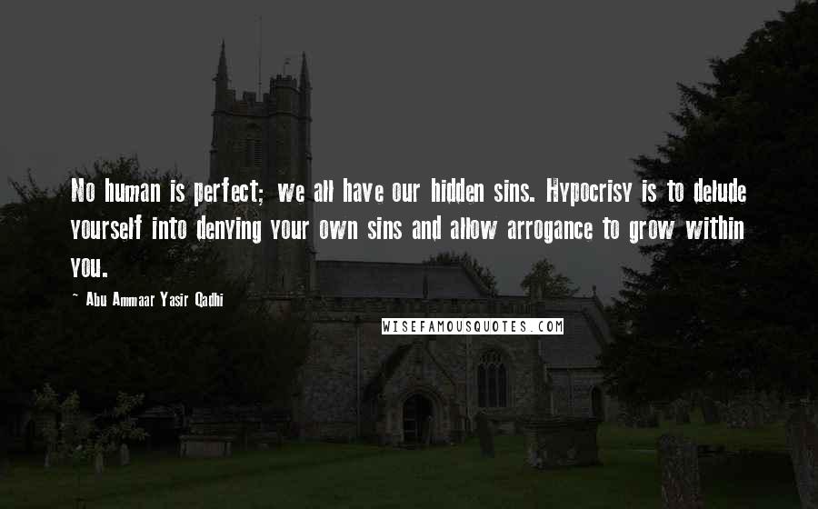 Abu Ammaar Yasir Qadhi Quotes: No human is perfect; we all have our hidden sins. Hypocrisy is to delude yourself into denying your own sins and allow arrogance to grow within you.