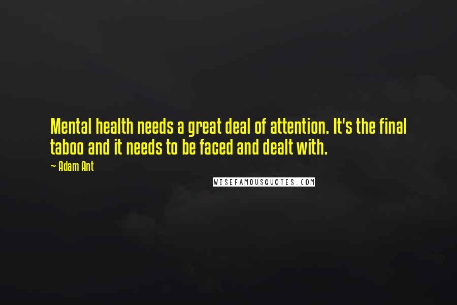 Adam Ant Quotes: Mental health needs a great deal of attention. It's the final taboo and it needs to be faced and dealt with.