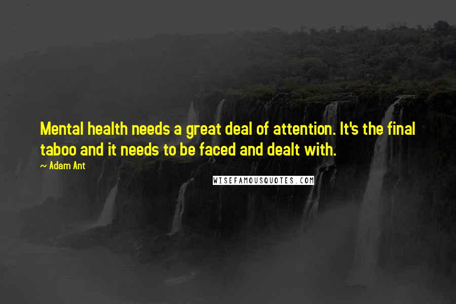 Adam Ant Quotes: Mental health needs a great deal of attention. It's the final taboo and it needs to be faced and dealt with.