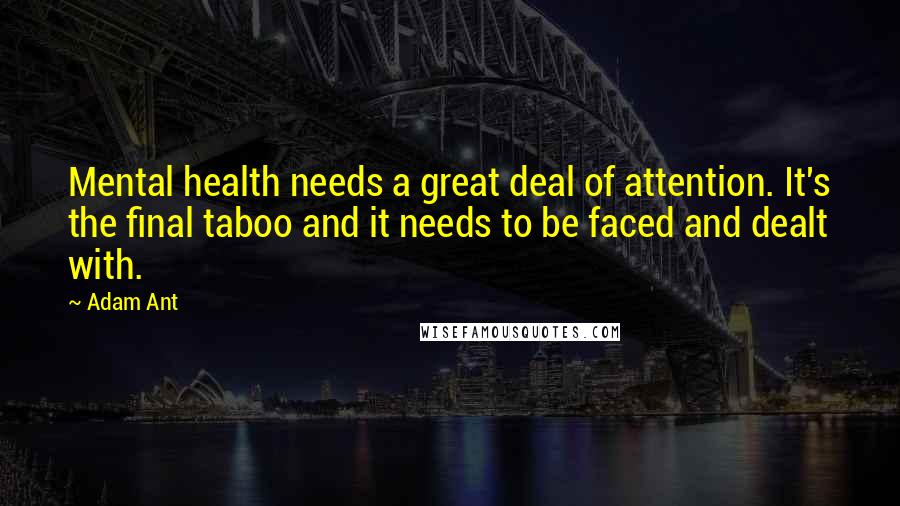 Adam Ant Quotes: Mental health needs a great deal of attention. It's the final taboo and it needs to be faced and dealt with.