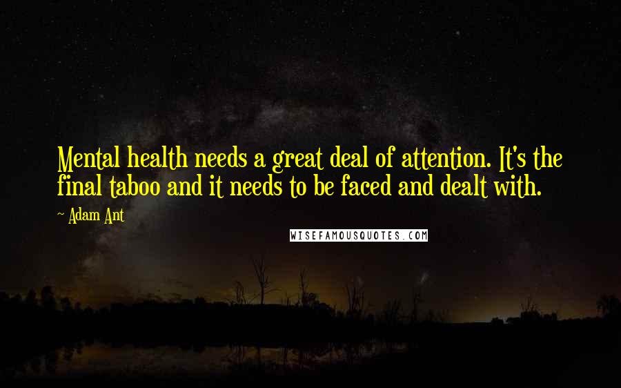 Adam Ant Quotes: Mental health needs a great deal of attention. It's the final taboo and it needs to be faced and dealt with.