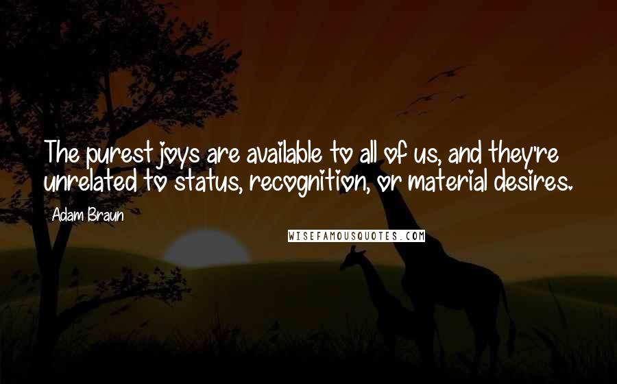 Adam Braun Quotes: The purest joys are available to all of us, and they're unrelated to status, recognition, or material desires.