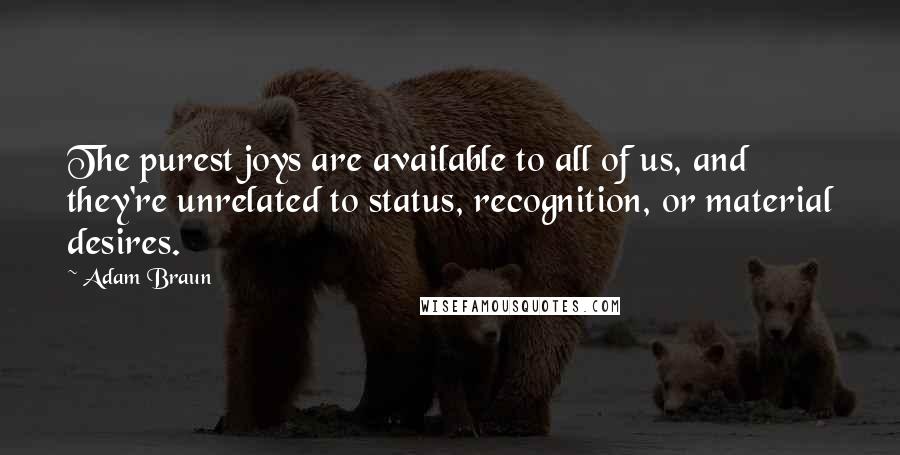 Adam Braun Quotes: The purest joys are available to all of us, and they're unrelated to status, recognition, or material desires.