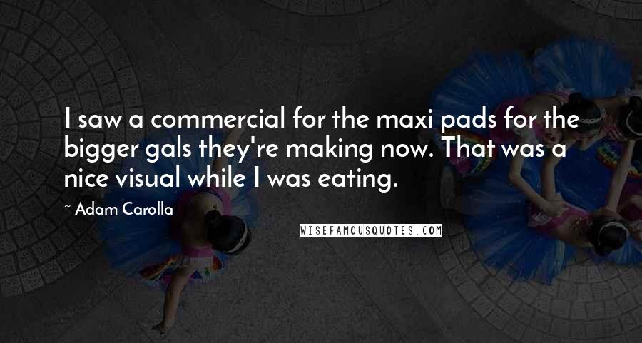 Adam Carolla Quotes: I saw a commercial for the maxi pads for the bigger gals they're making now. That was a nice visual while I was eating.