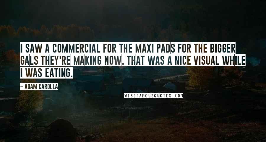 Adam Carolla Quotes: I saw a commercial for the maxi pads for the bigger gals they're making now. That was a nice visual while I was eating.