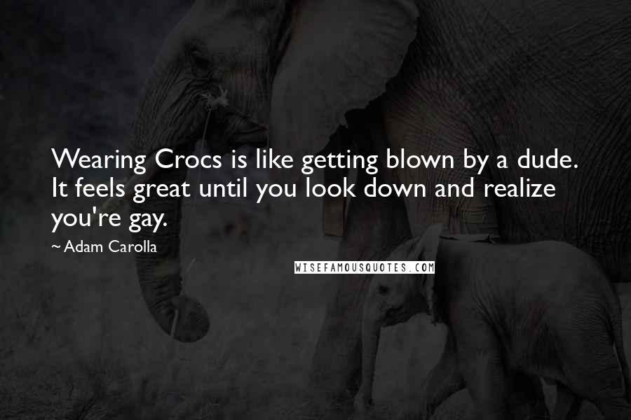 Adam Carolla Quotes: Wearing Crocs is like getting blown by a dude. It feels great until you look down and realize you're gay.