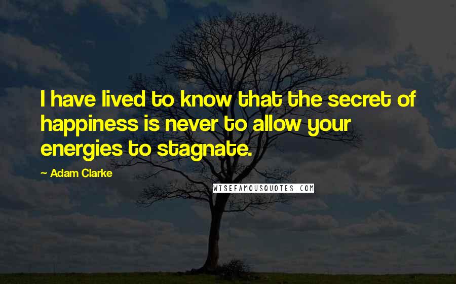 Adam Clarke Quotes: I have lived to know that the secret of happiness is never to allow your energies to stagnate.