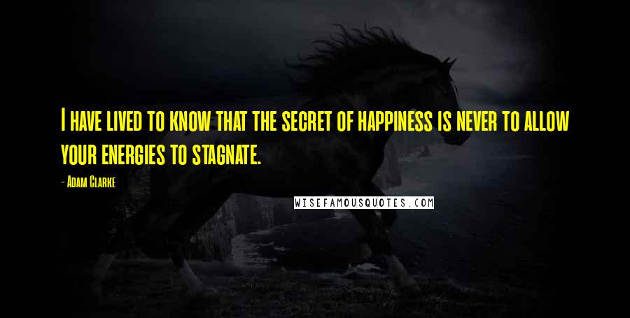 Adam Clarke Quotes: I have lived to know that the secret of happiness is never to allow your energies to stagnate.