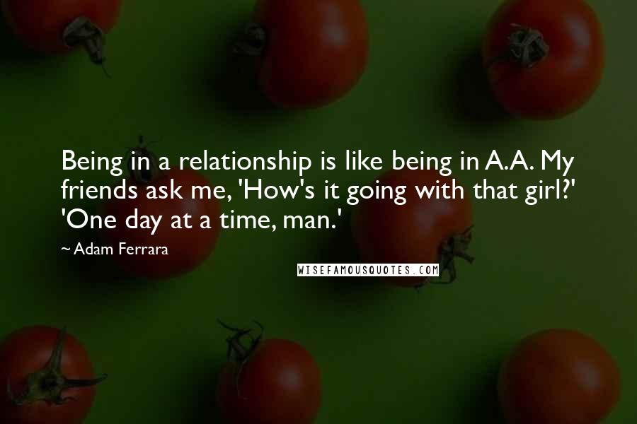 Adam Ferrara Quotes: Being in a relationship is like being in A.A. My friends ask me, 'How's it going with that girl?' 'One day at a time, man.'