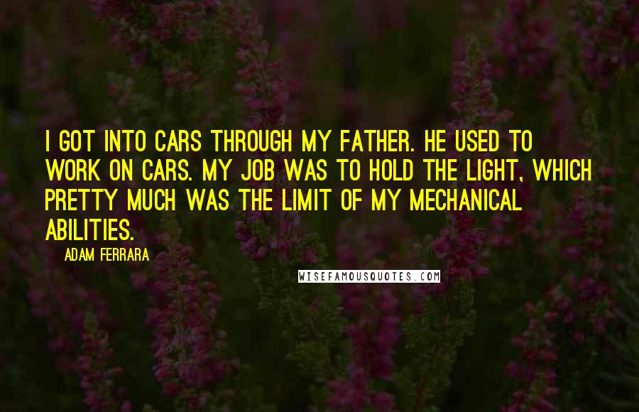 Adam Ferrara Quotes: I got into cars through my father. He used to work on cars. My job was to hold the light, which pretty much was the limit of my mechanical abilities.