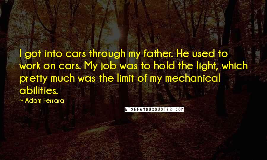 Adam Ferrara Quotes: I got into cars through my father. He used to work on cars. My job was to hold the light, which pretty much was the limit of my mechanical abilities.