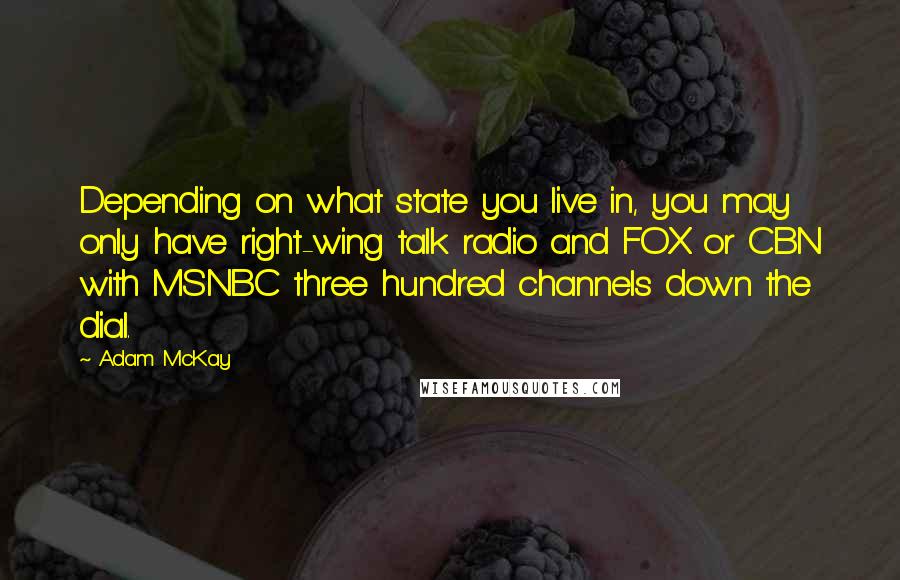 Adam McKay Quotes: Depending on what state you live in, you may only have right-wing talk radio and FOX or CBN with MSNBC three hundred channels down the dial.