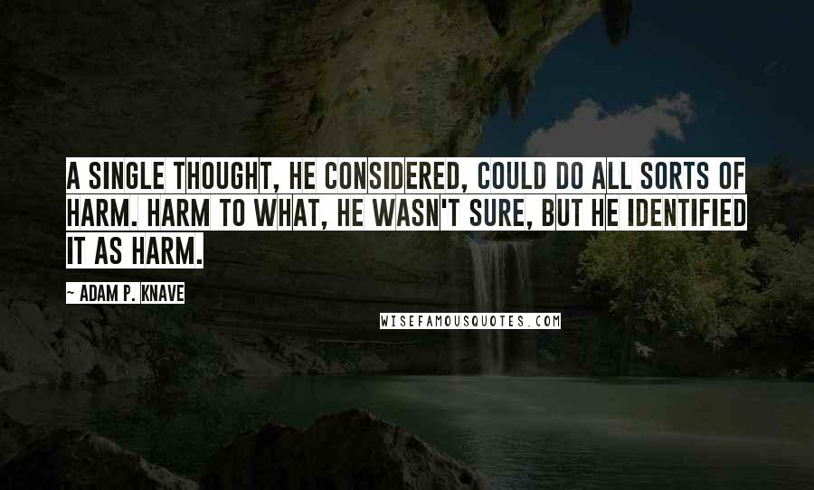 Adam P. Knave Quotes: A single thought, he considered, could do all sorts of harm. Harm to what, he wasn't sure, but he identified it as harm.