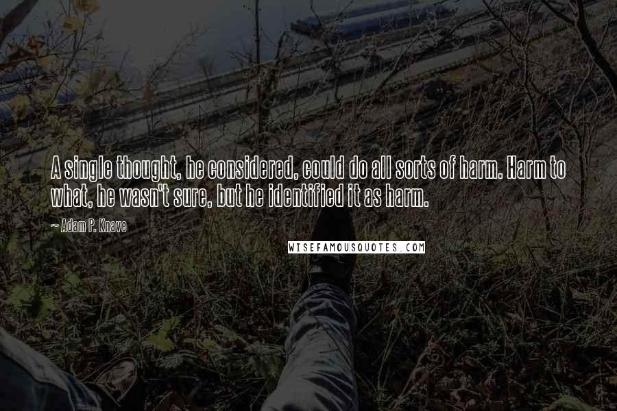 Adam P. Knave Quotes: A single thought, he considered, could do all sorts of harm. Harm to what, he wasn't sure, but he identified it as harm.