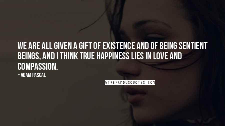 Adam Pascal Quotes: We are all given a gift of existence and of being sentient beings, and I think true happiness lies in love and compassion.