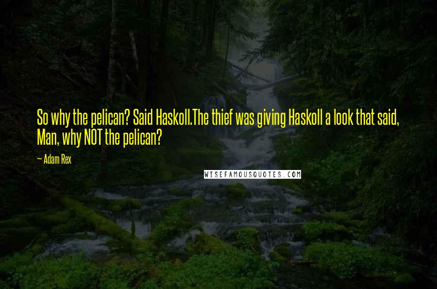 Adam Rex Quotes: So why the pelican? Said Haskoll.The thief was giving Haskoll a look that said, Man, why NOT the pelican?