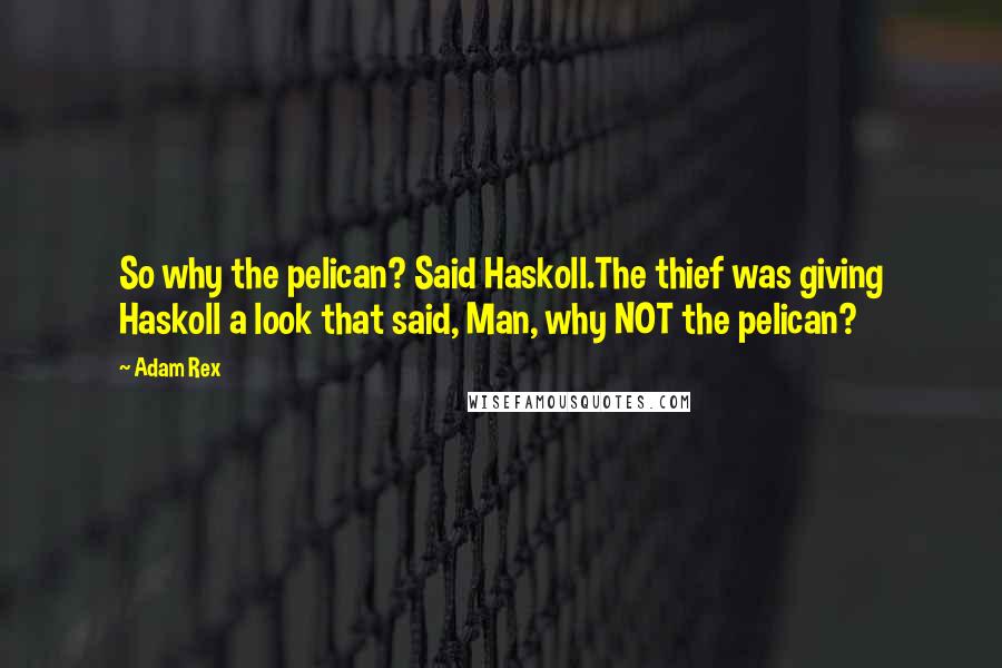 Adam Rex Quotes: So why the pelican? Said Haskoll.The thief was giving Haskoll a look that said, Man, why NOT the pelican?
