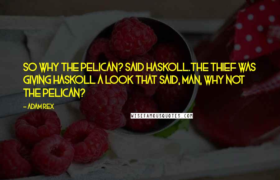 Adam Rex Quotes: So why the pelican? Said Haskoll.The thief was giving Haskoll a look that said, Man, why NOT the pelican?