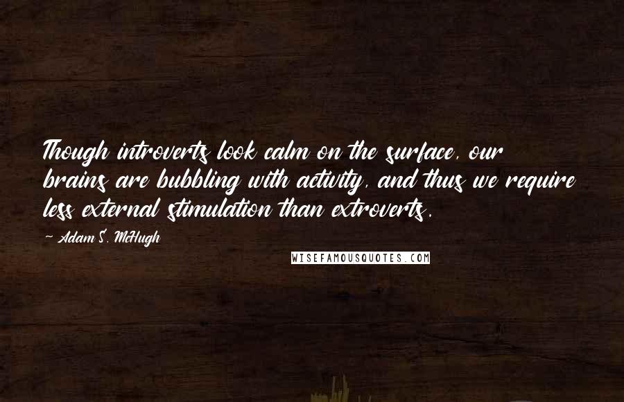 Adam S. McHugh Quotes: Though introverts look calm on the surface, our brains are bubbling with activity, and thus we require less external stimulation than extroverts.