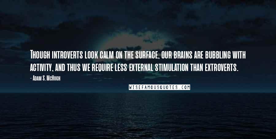 Adam S. McHugh Quotes: Though introverts look calm on the surface, our brains are bubbling with activity, and thus we require less external stimulation than extroverts.