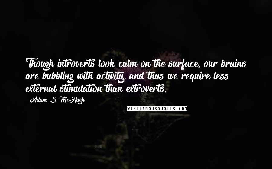 Adam S. McHugh Quotes: Though introverts look calm on the surface, our brains are bubbling with activity, and thus we require less external stimulation than extroverts.