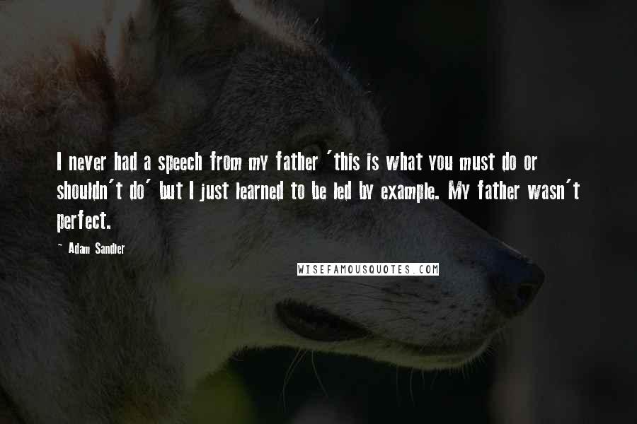 Adam Sandler Quotes: I never had a speech from my father 'this is what you must do or shouldn't do' but I just learned to be led by example. My father wasn't perfect.