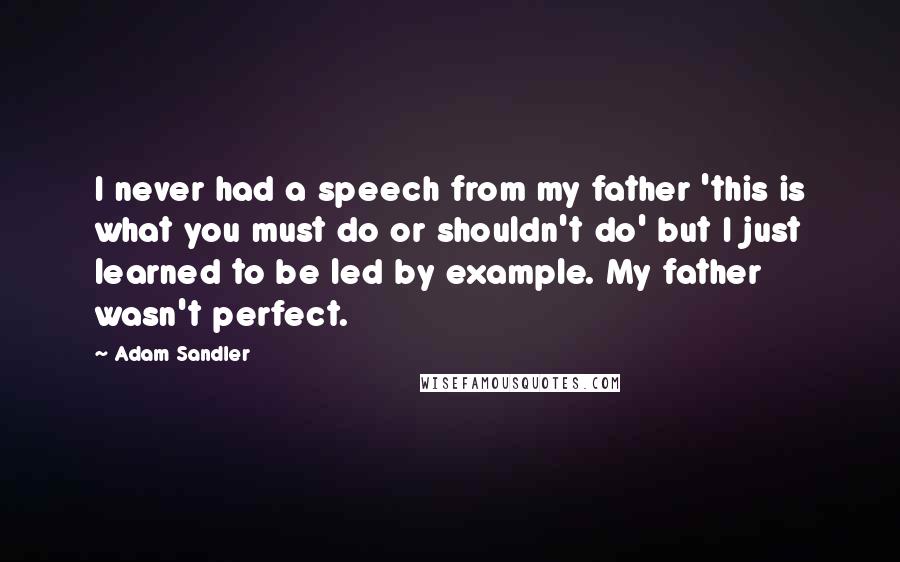 Adam Sandler Quotes: I never had a speech from my father 'this is what you must do or shouldn't do' but I just learned to be led by example. My father wasn't perfect.