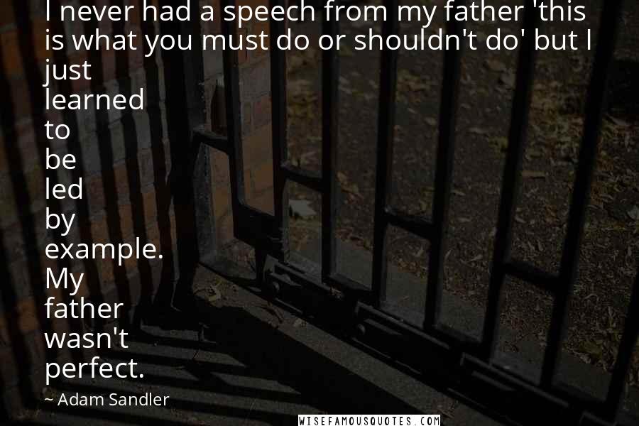 Adam Sandler Quotes: I never had a speech from my father 'this is what you must do or shouldn't do' but I just learned to be led by example. My father wasn't perfect.