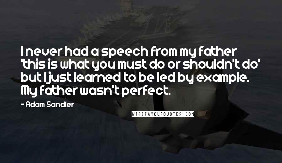 Adam Sandler Quotes: I never had a speech from my father 'this is what you must do or shouldn't do' but I just learned to be led by example. My father wasn't perfect.