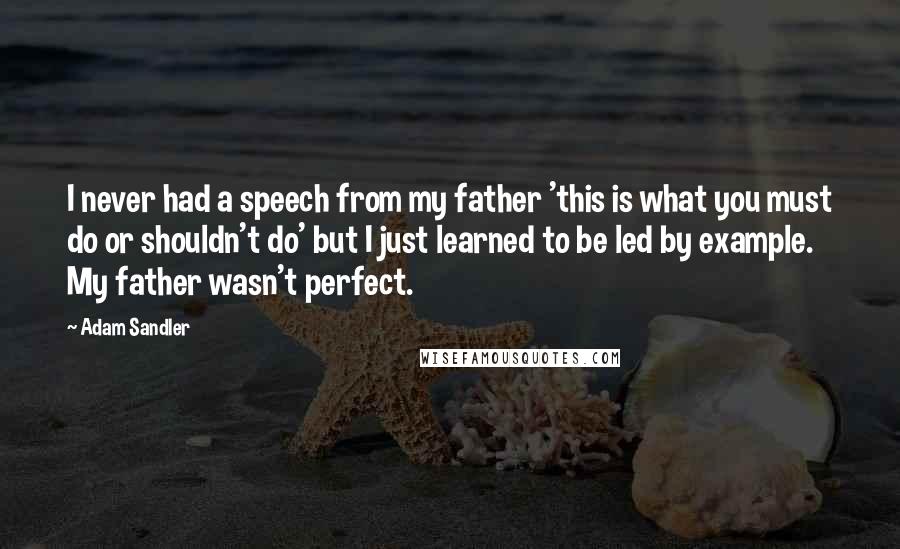 Adam Sandler Quotes: I never had a speech from my father 'this is what you must do or shouldn't do' but I just learned to be led by example. My father wasn't perfect.