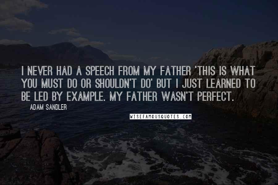 Adam Sandler Quotes: I never had a speech from my father 'this is what you must do or shouldn't do' but I just learned to be led by example. My father wasn't perfect.