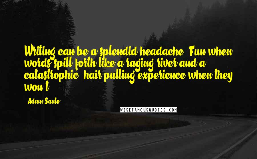 Adam Santo Quotes: Writing can be a splendid headache. Fun when words spill forth like a raging river and a catastrophic, hair-pulling experience when they won't.