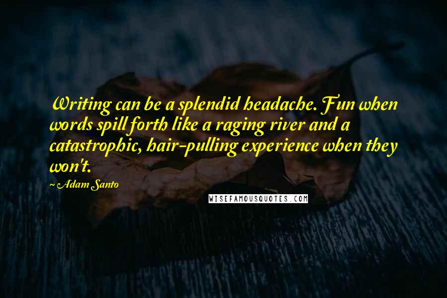Adam Santo Quotes: Writing can be a splendid headache. Fun when words spill forth like a raging river and a catastrophic, hair-pulling experience when they won't.