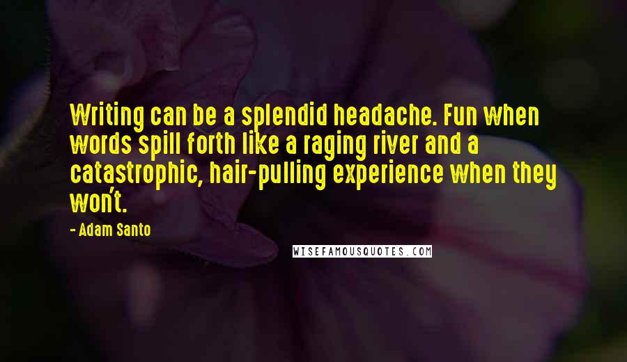 Adam Santo Quotes: Writing can be a splendid headache. Fun when words spill forth like a raging river and a catastrophic, hair-pulling experience when they won't.