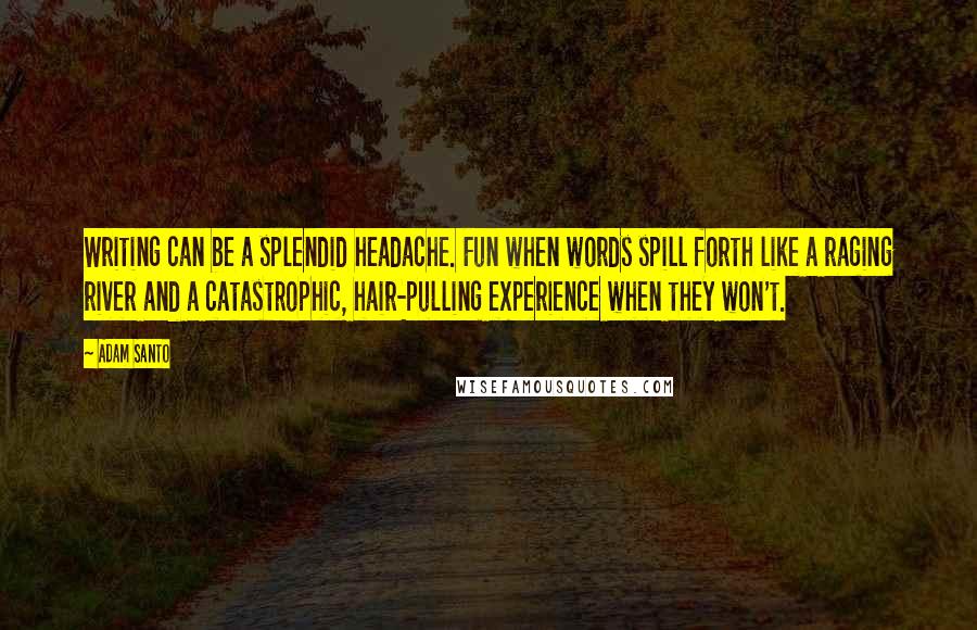 Adam Santo Quotes: Writing can be a splendid headache. Fun when words spill forth like a raging river and a catastrophic, hair-pulling experience when they won't.
