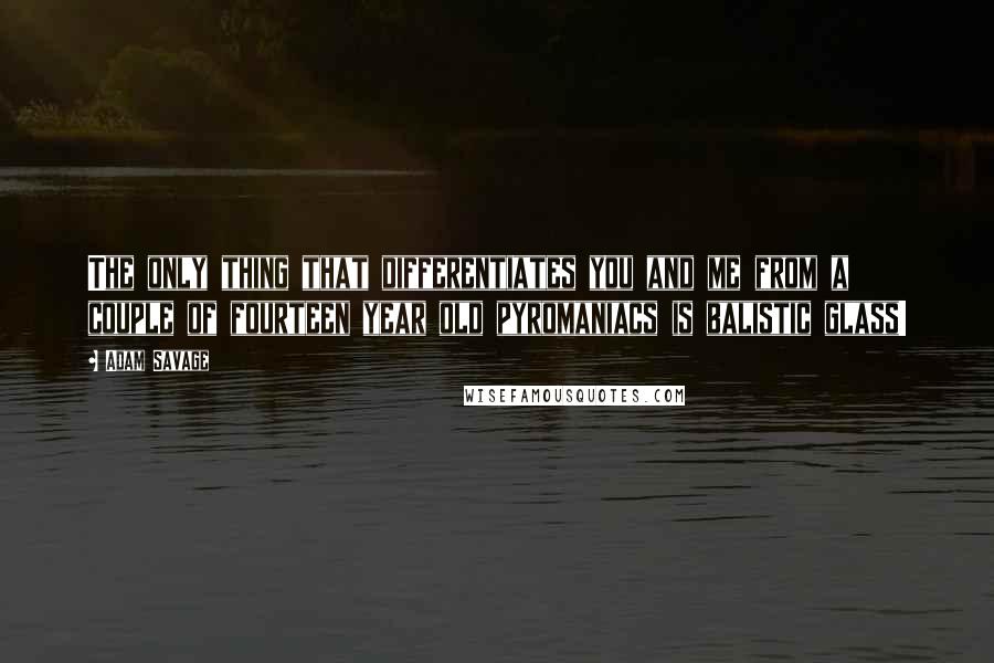 Adam Savage Quotes: The only thing that differentiates you and me from a couple of fourteen year old pyromaniacs is balistic glass!