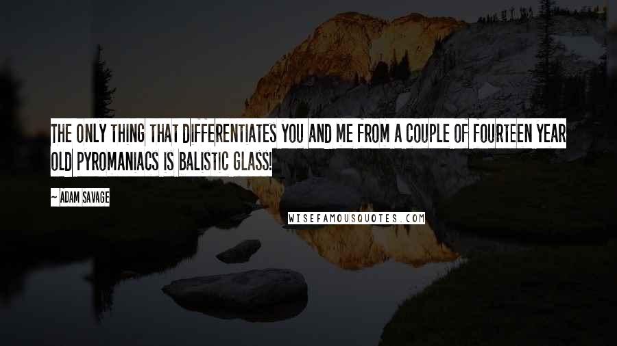 Adam Savage Quotes: The only thing that differentiates you and me from a couple of fourteen year old pyromaniacs is balistic glass!